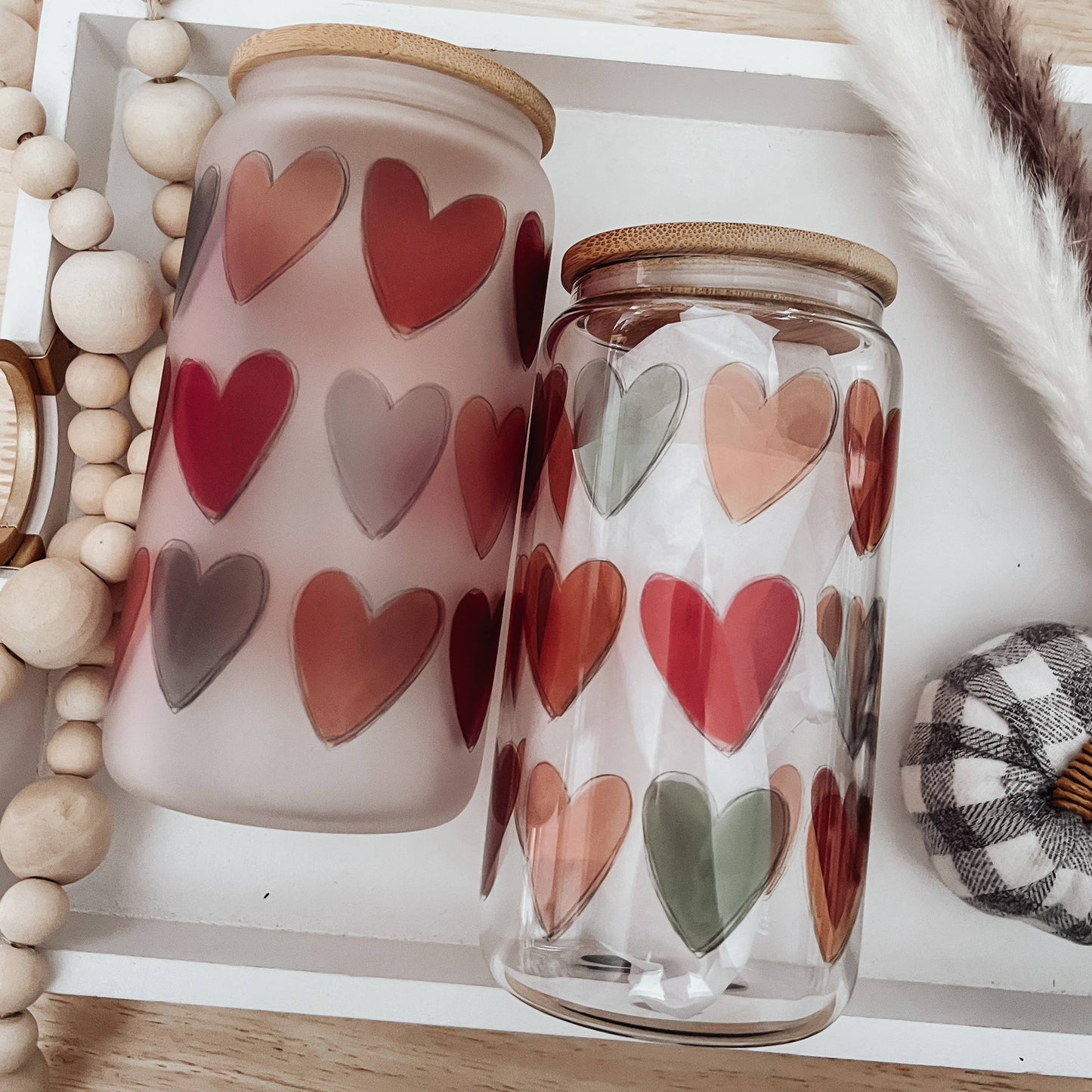 Boho Fall Hearts 16 oz Glass Cup with Bamboo Lid