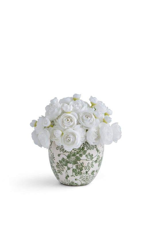 T&C Pave baby Ranunculus in Green and White ceramic