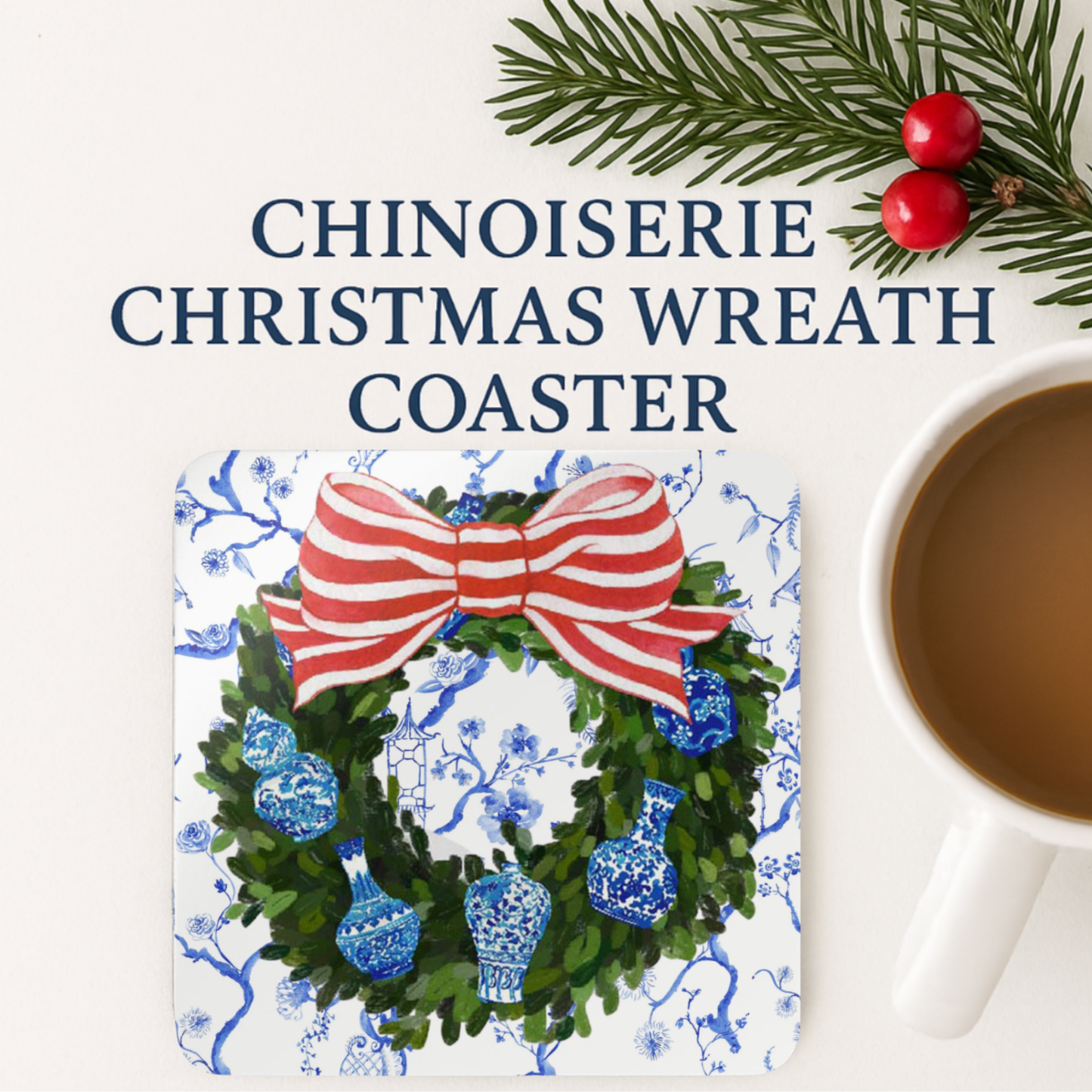 Design Carolinas Chinoiserie Ginger Jar Christmas Wreath Coaster Set