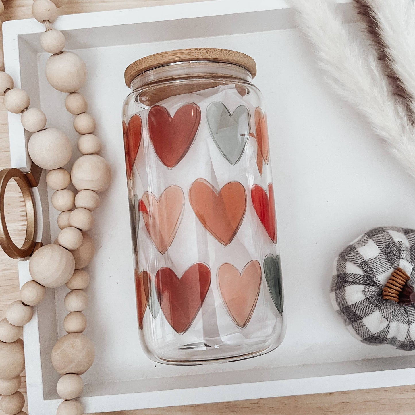 Boho Fall Hearts 16 oz Glass Cup with Bamboo Lid