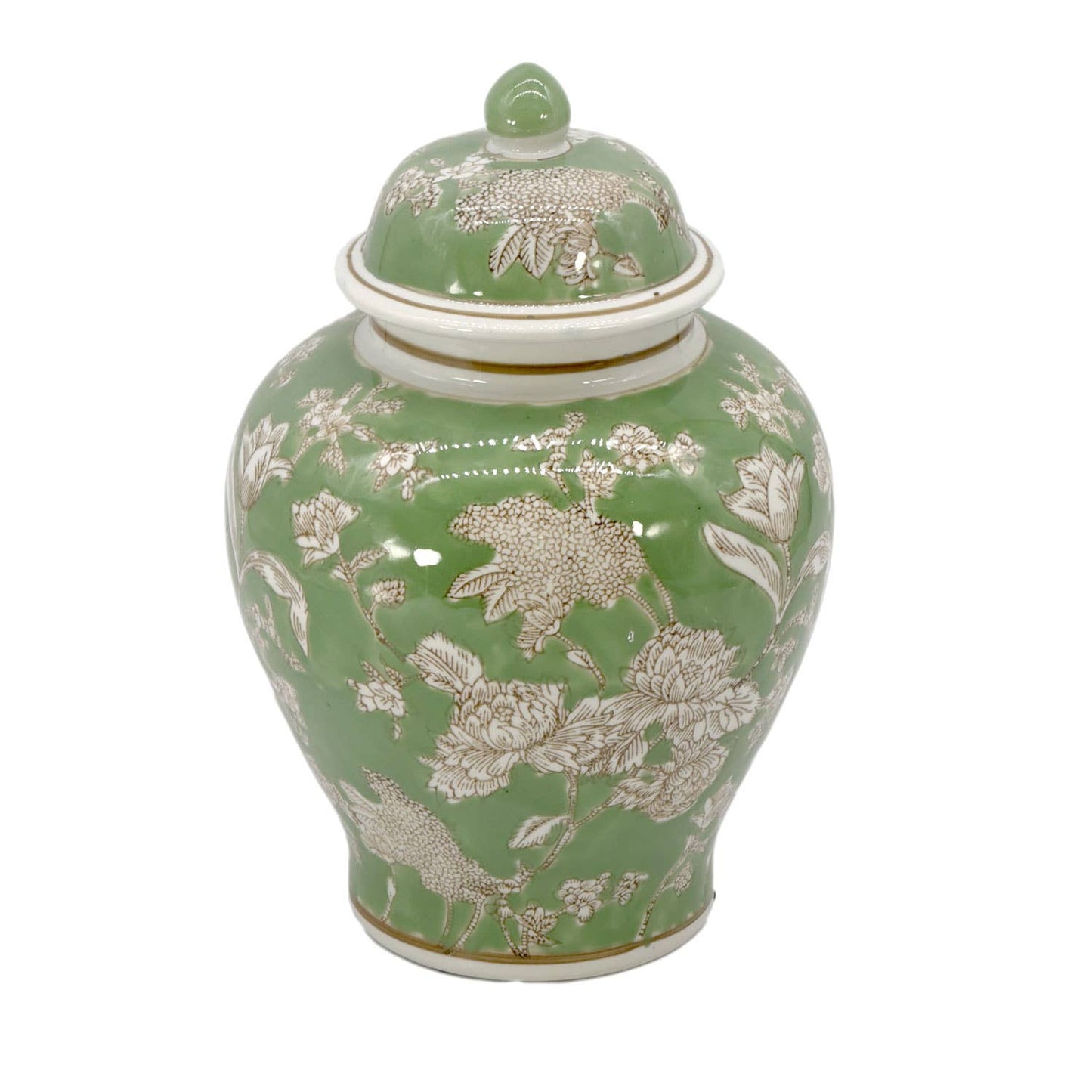 Galt Green & White Floral Peony Ceramic Chinoiserie Jar 12"