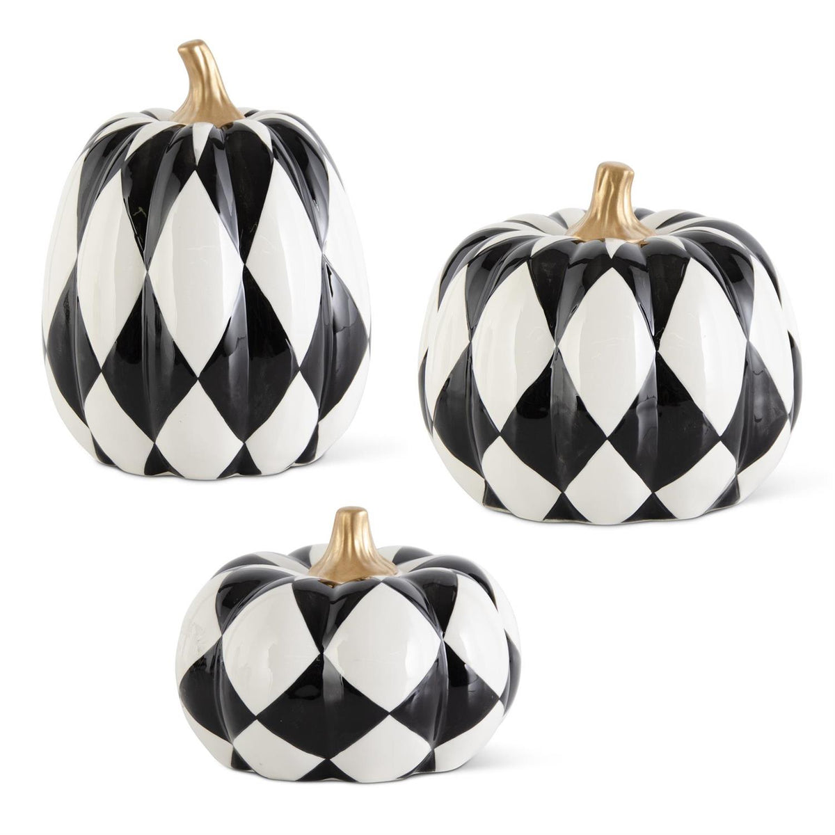 K&K Interiors Ceramic Black & White Harlequin Pumpkins w/Gold Stems, Set of 3
