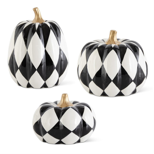 K&K Interiors Ceramic Black & White Harlequin Pumpkins w/Gold Stems, Set of 3