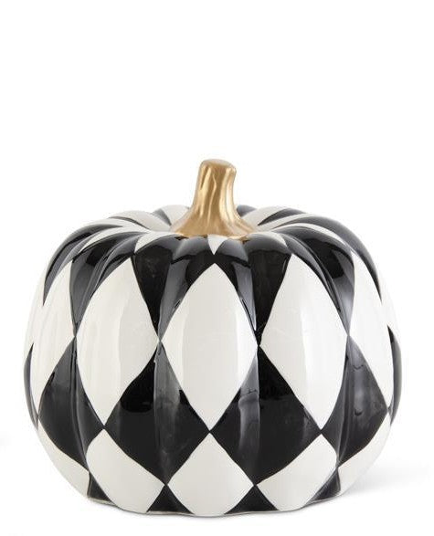 K&K Interiors Ceramic Black & White Harlequin Pumpkins w/Gold Stems, Set of 3