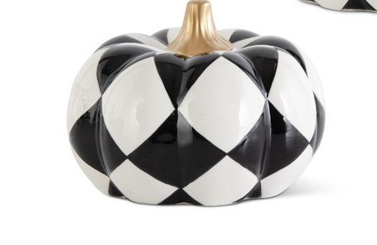 K&K Interiors Ceramic Black & White Harlequin Pumpkins w/Gold Stems, Set of 3