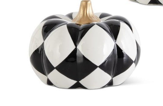 K&K Interiors Ceramic Black & White Harlequin Pumpkins w/Gold Stems, Set of 3