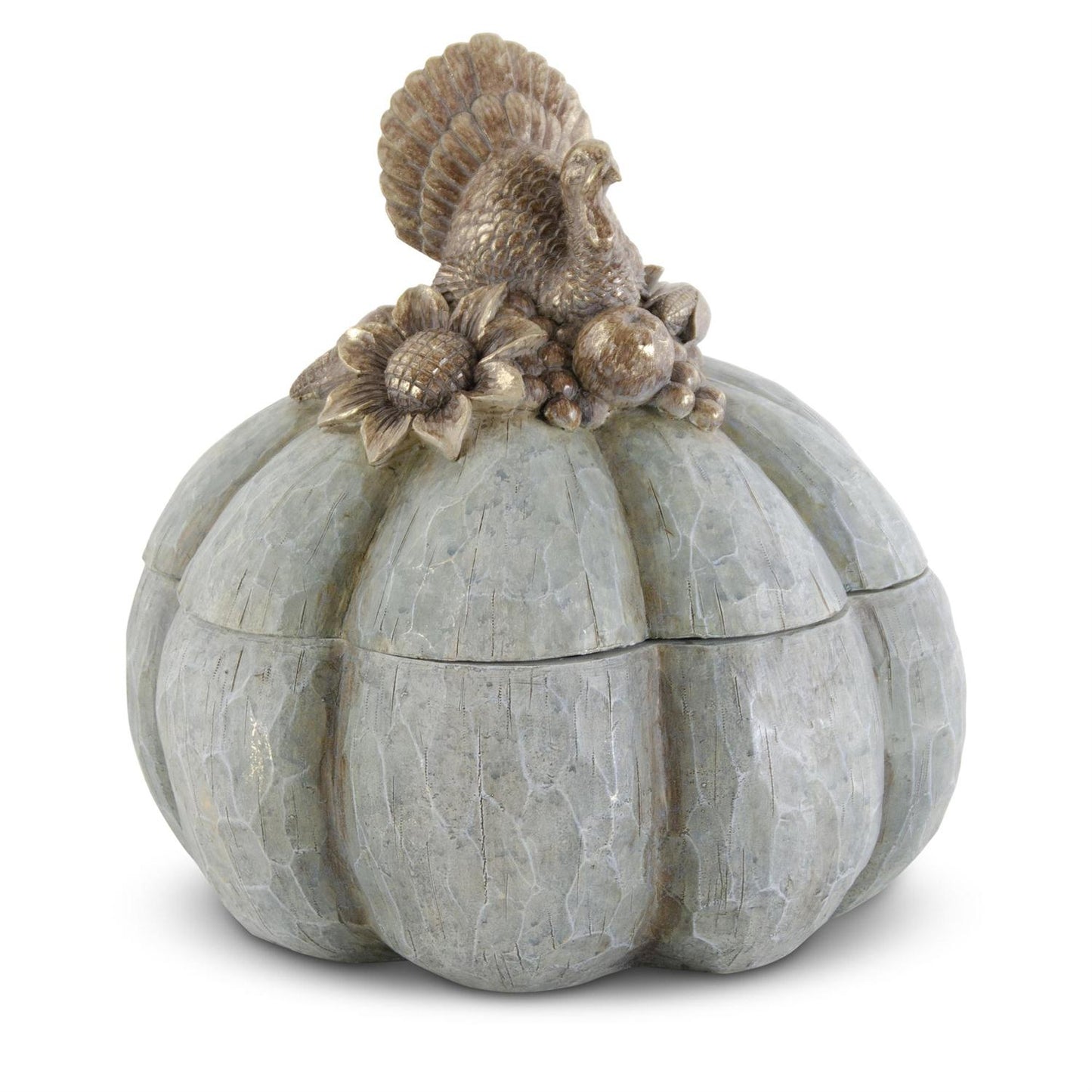 K&K Interiors Carved Resin Pumpkin Container w/Gold Turkey Top, 12.25"