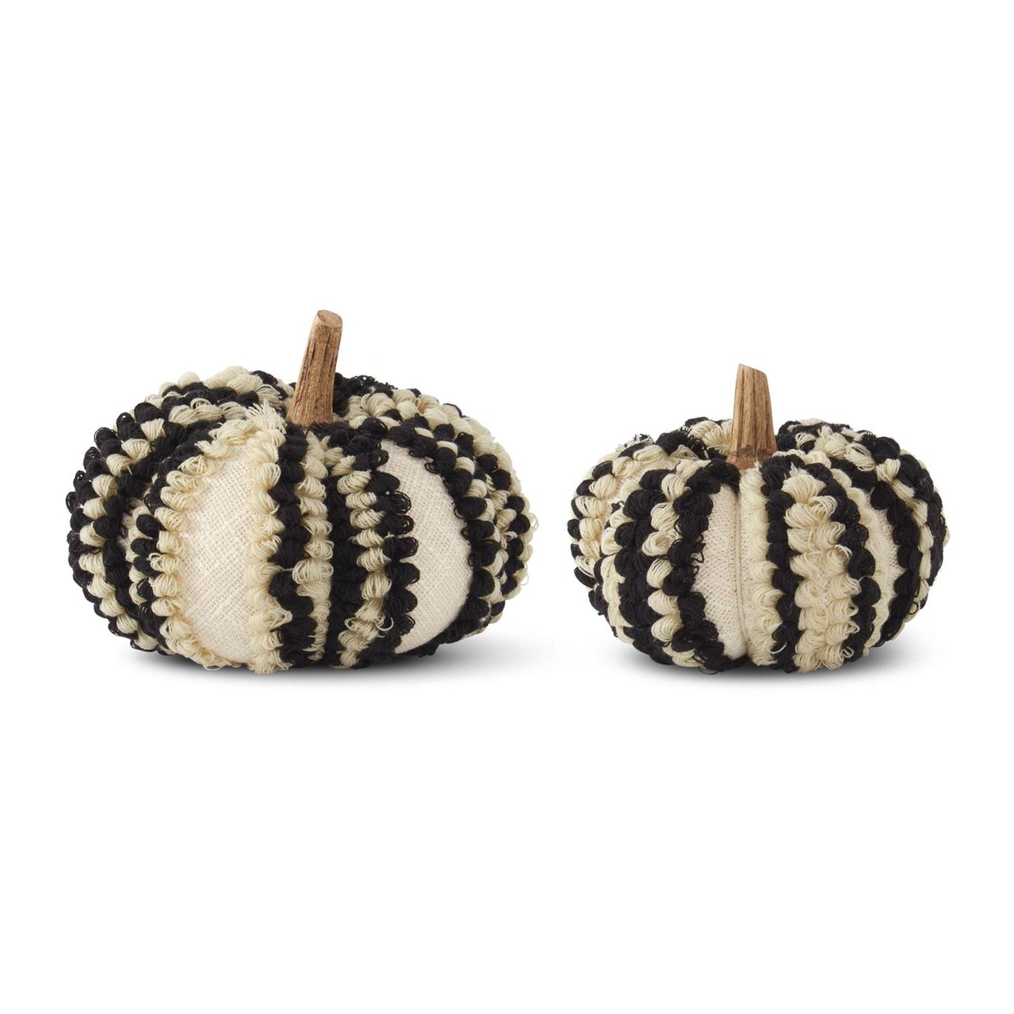 K&K Interiors Cream & Black Knit Vertical Striped Pumpkins w/Wood Stem, Set of 2