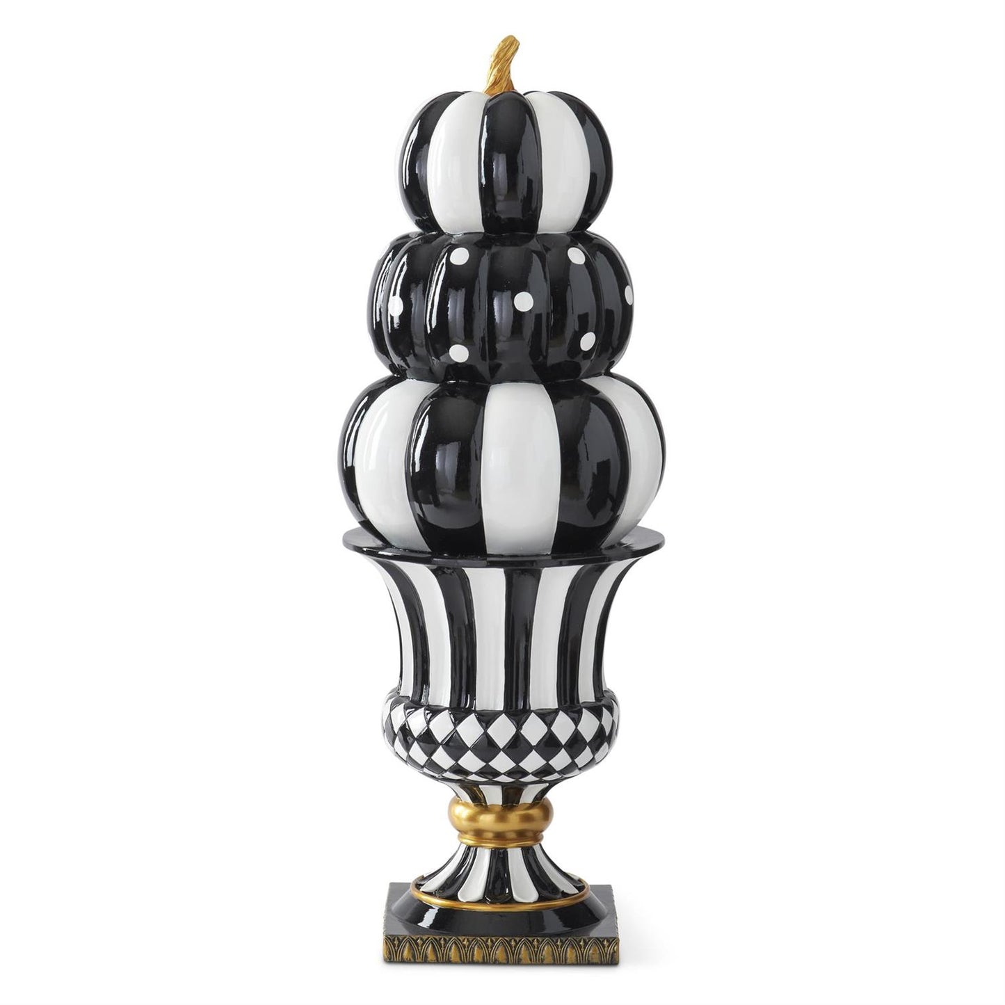 K&K Interiors Black & White Resin 3 Stack Pumpkins on Urn, 27"