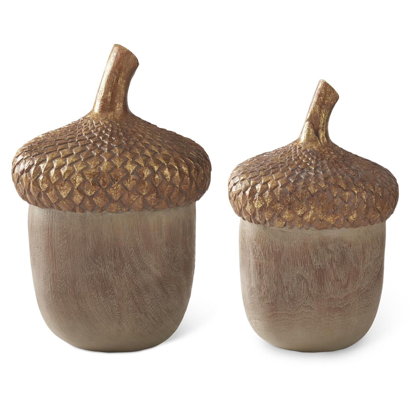 K&K Interiors Resin Woodgrain Acorns w/Gold Top, Set of 2