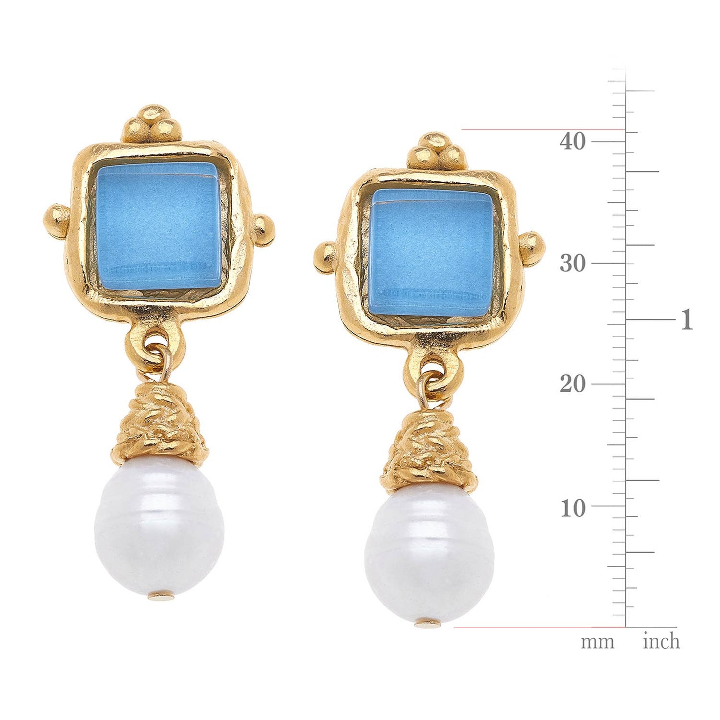 Susan Shaw Charlotte Aqua French Glass + Pearl Drop Earrings