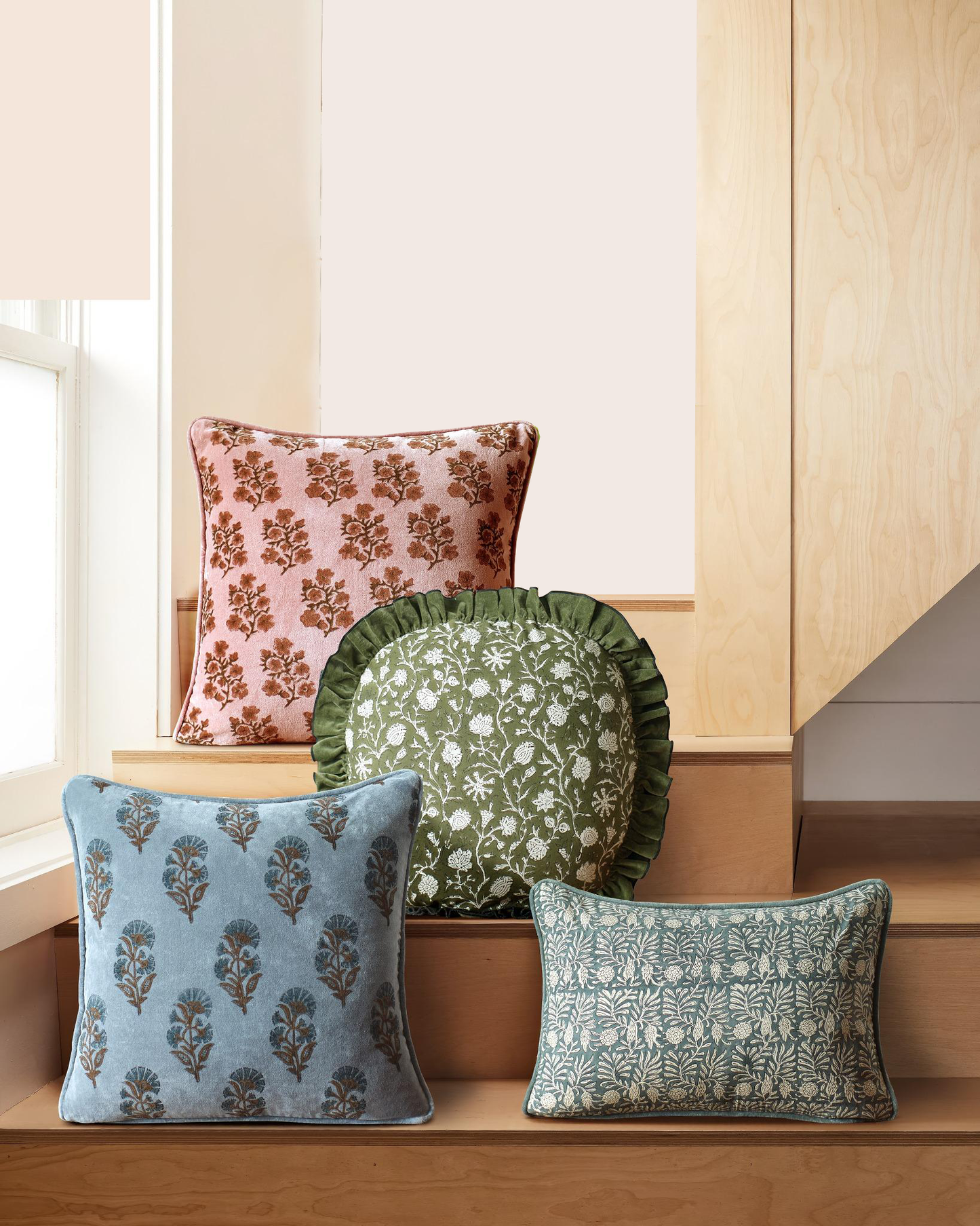 Peking Handicraft Block Print Vel Lilac Flower Pillow