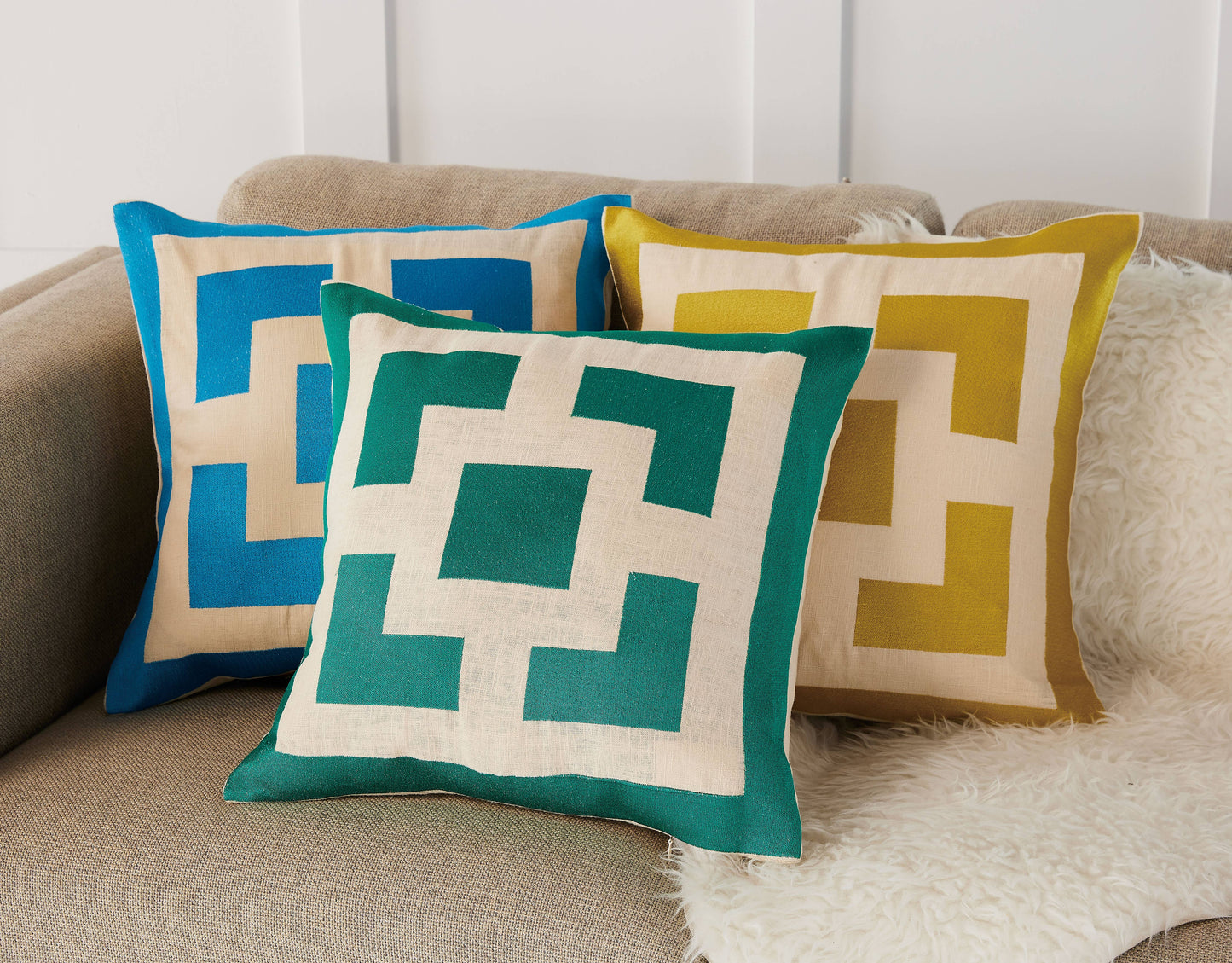 Trina Turk Palm Springs Block Caribbean Blue Embroidered Pillow