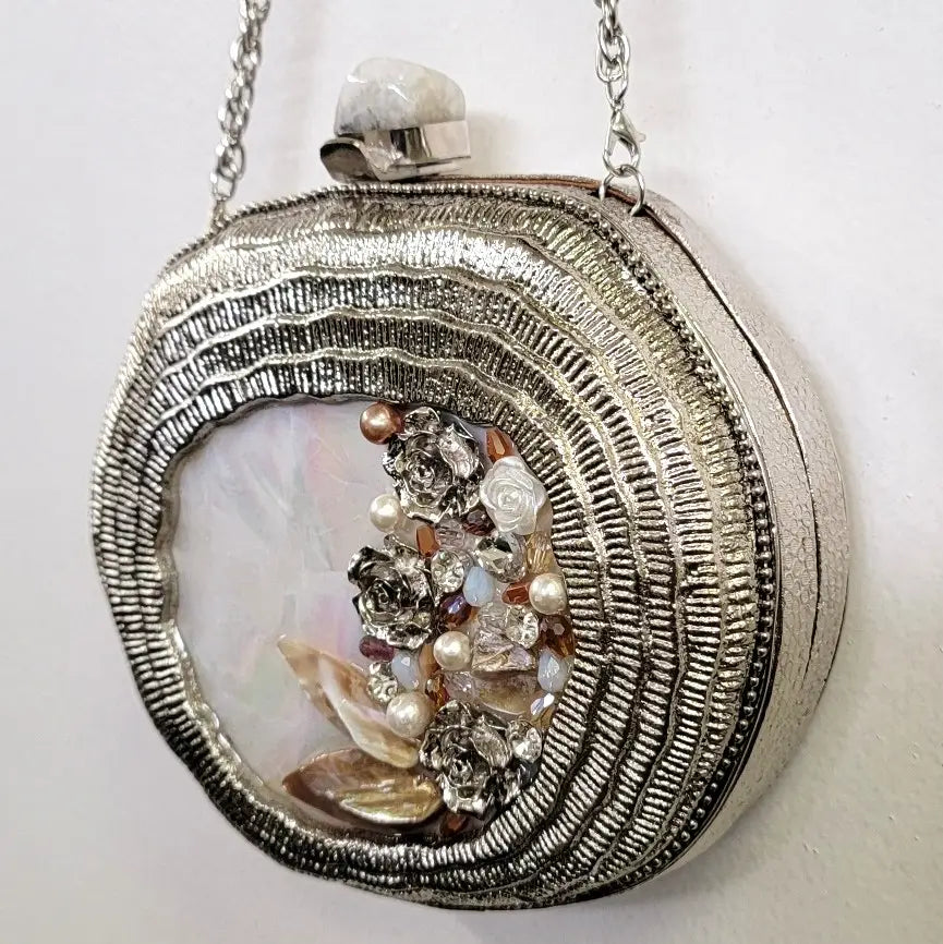 Jeweled Metal Mother of Pearl (MOP) Clutch (Silver)