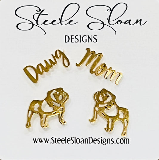 Steele Sloan Designs Dawg Mom Gold Stud Earrings with Gold Bulldog Earrings Combo