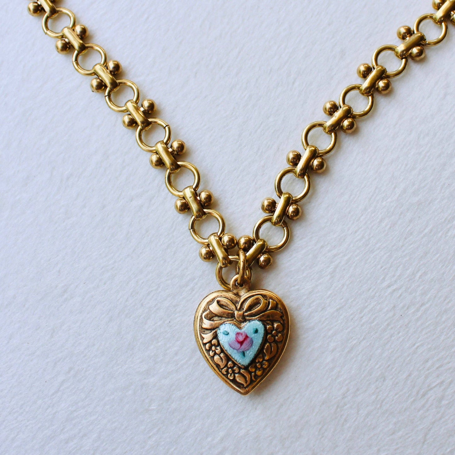 Vivian Grace Vintage Blue Guilloche Heart Necklace