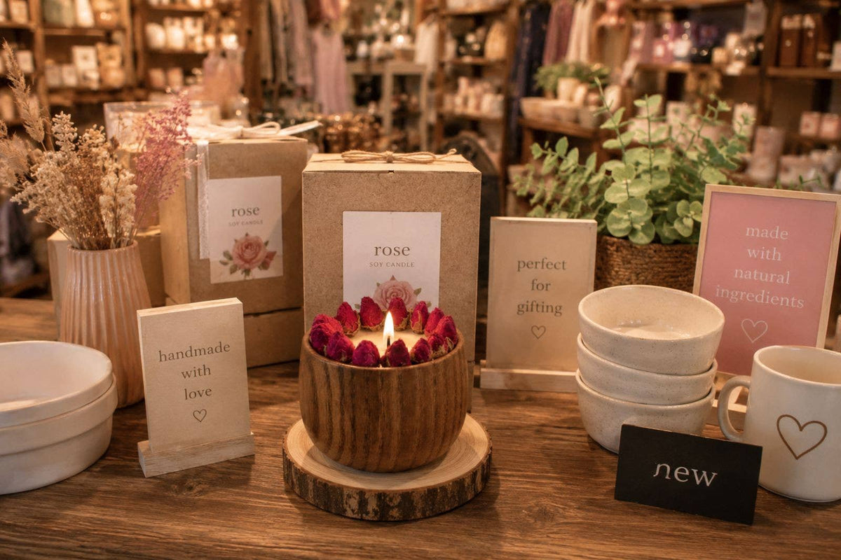 Held in Light - Blush Rose Soy Candle in Natural Wooden Bowl