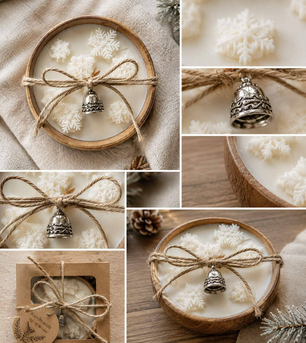 Winter Snowflake Soy Candle in Wooden Bowl –Rustic Christmas