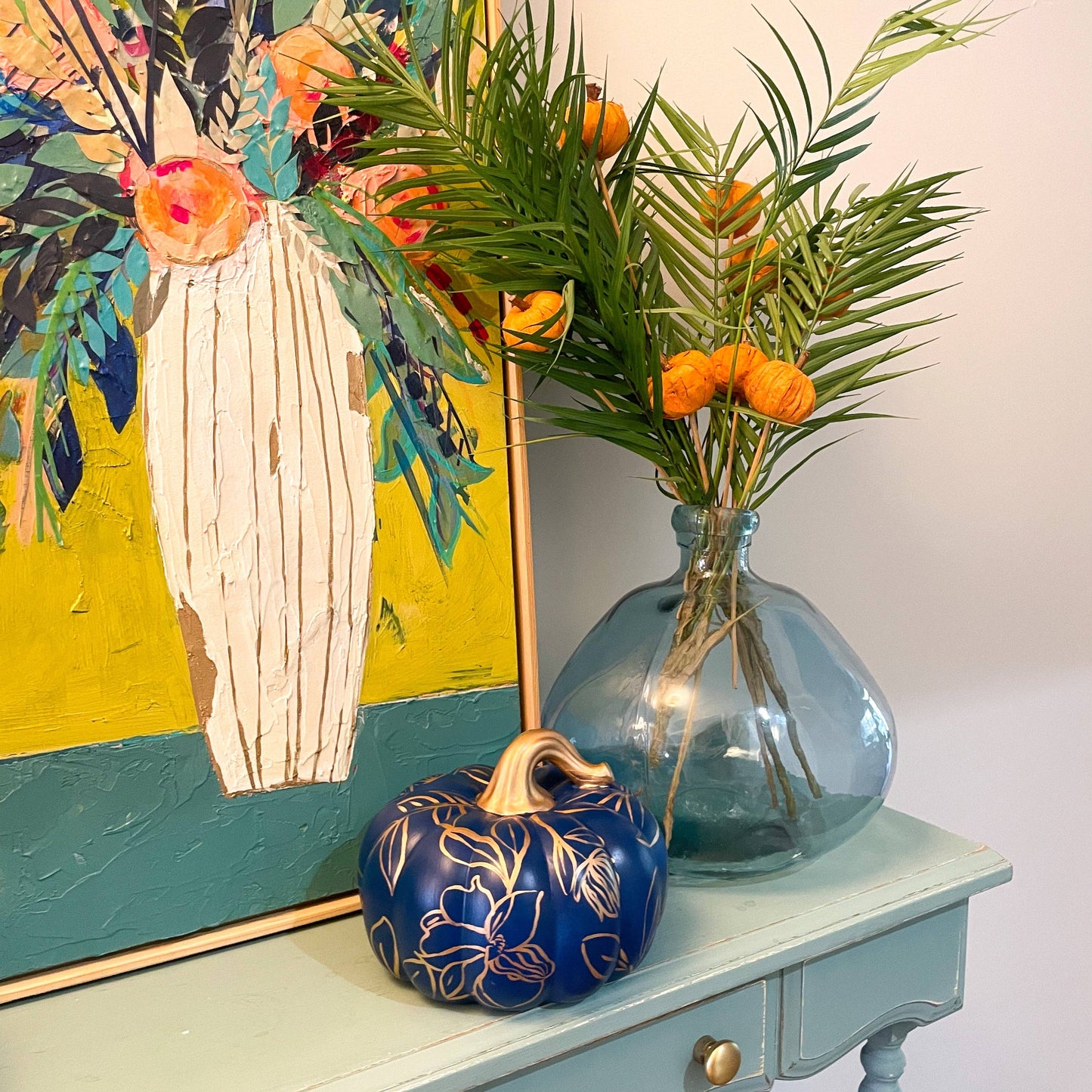 Jessica Reynolds Large Blue and Gold Magnolia Pumpkin