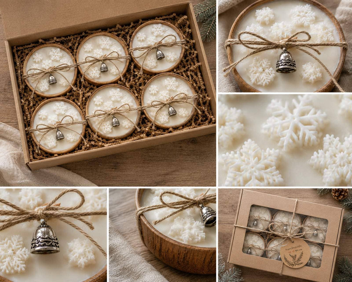 Winter Snowflake Soy Candle in Wooden Bowl –Rustic Christmas