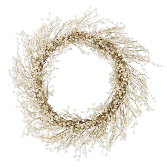 K&K Interiors White Pearl & Gold Glitter Wreath, 30"
