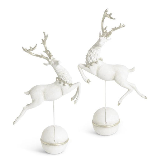 K&K Interiors White Glittered Prancing Reindeers w/Silver Antlers
