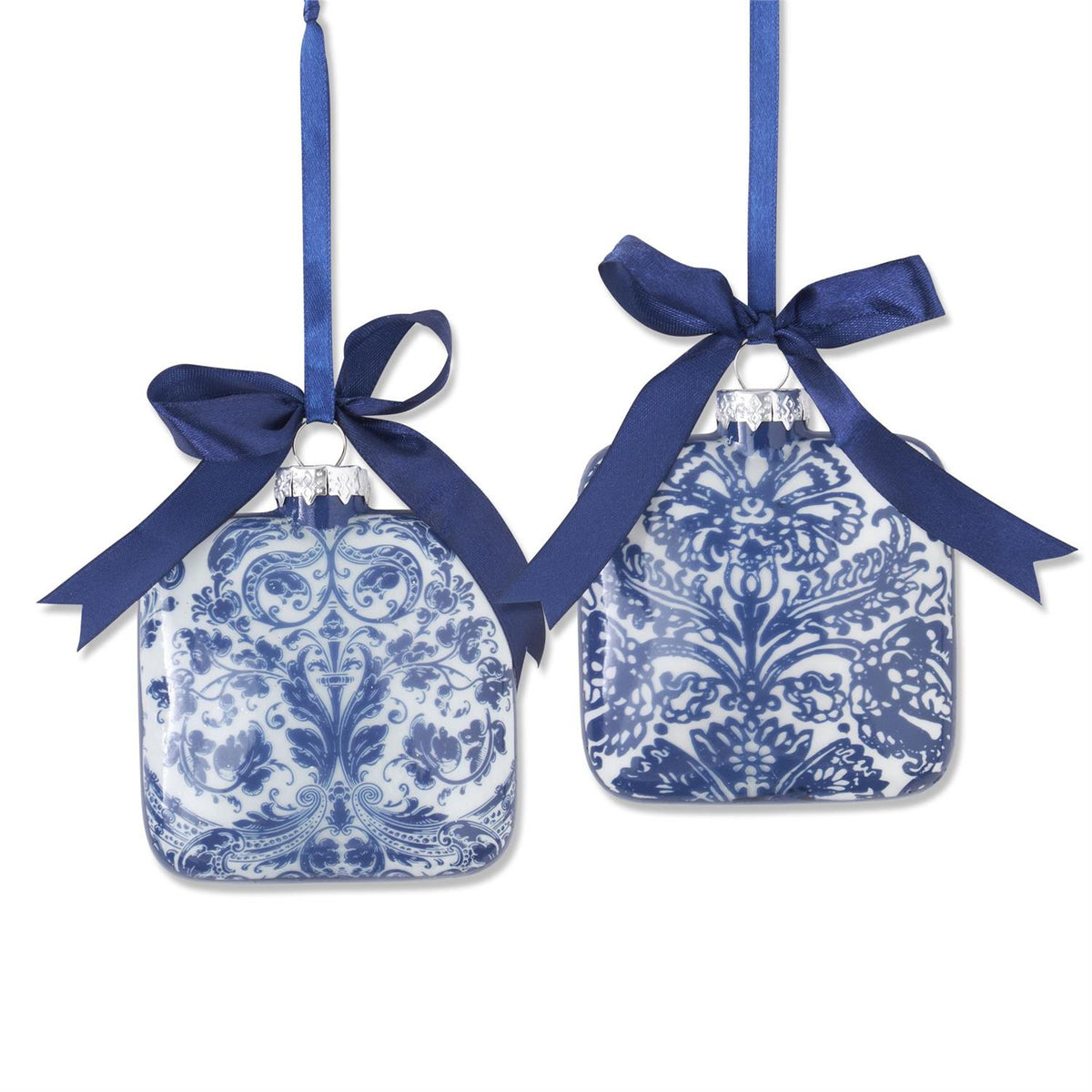 K&K Interiors Blue & White Floral Print Square Glass Ornament, 4.25", Assorted