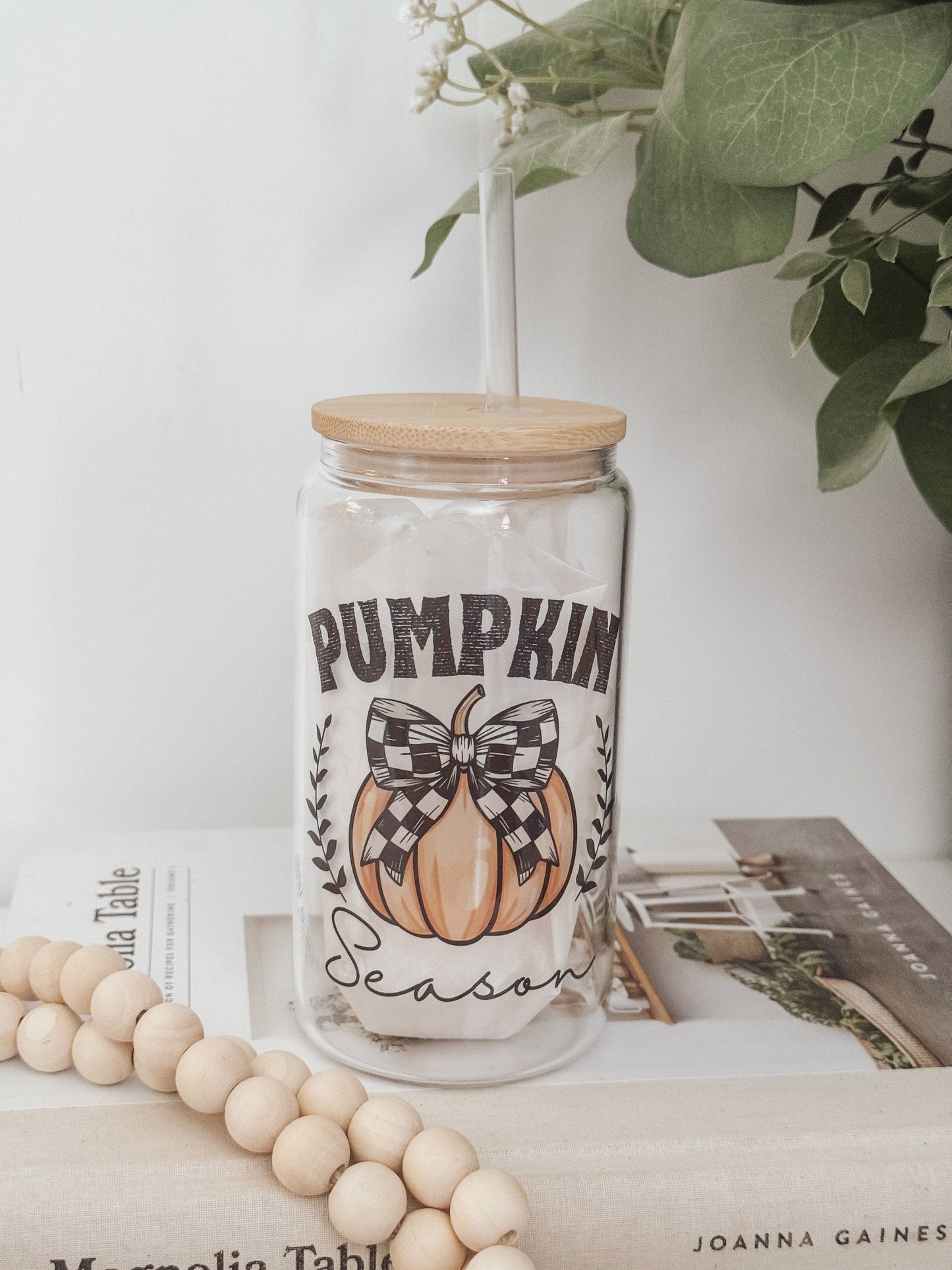Pumpkin Season 16oz Glass Cup with Bamboo Lid 