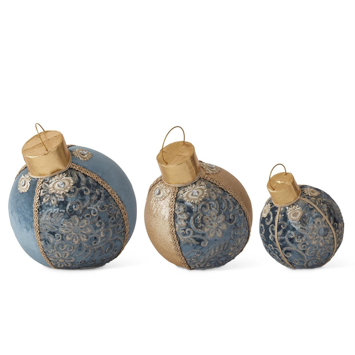 K&K Interiors Blue & Gold Fabric w/Jewels Ornaments, Set of 3