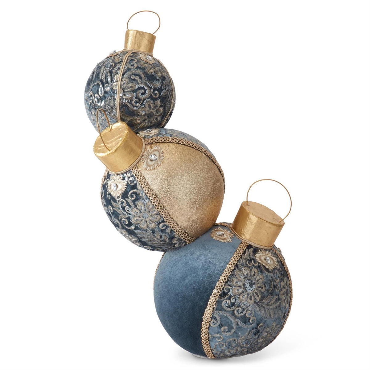 K&K Interiors 3 Stacked Blue & Gold Fabric w/Jewels Ornaments, 24"