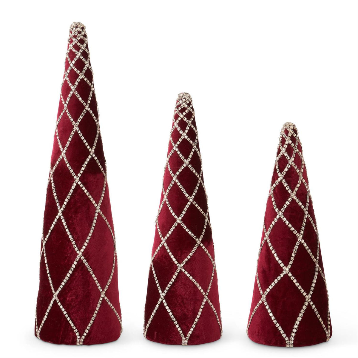 K&K Interiors Burgundy Velvet Cone Trees w/Gold Ribbon, Set of 3