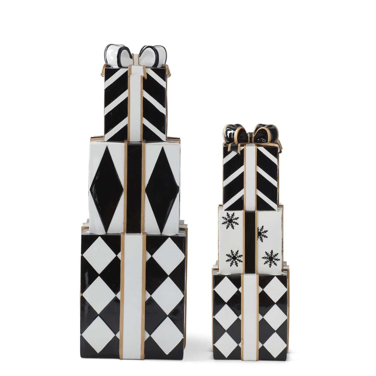 K&K Interiors Black, White & Gold Resin 3 Stacked Presents, Set of 2