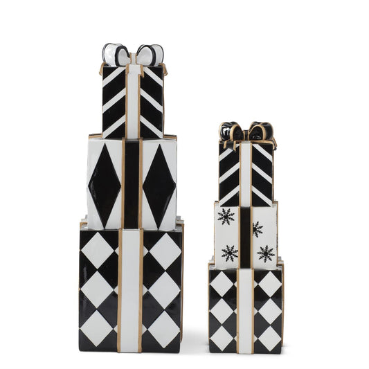 K&K Interiors Black, White & Gold Resin 3 Stacked Presents, Set of 2