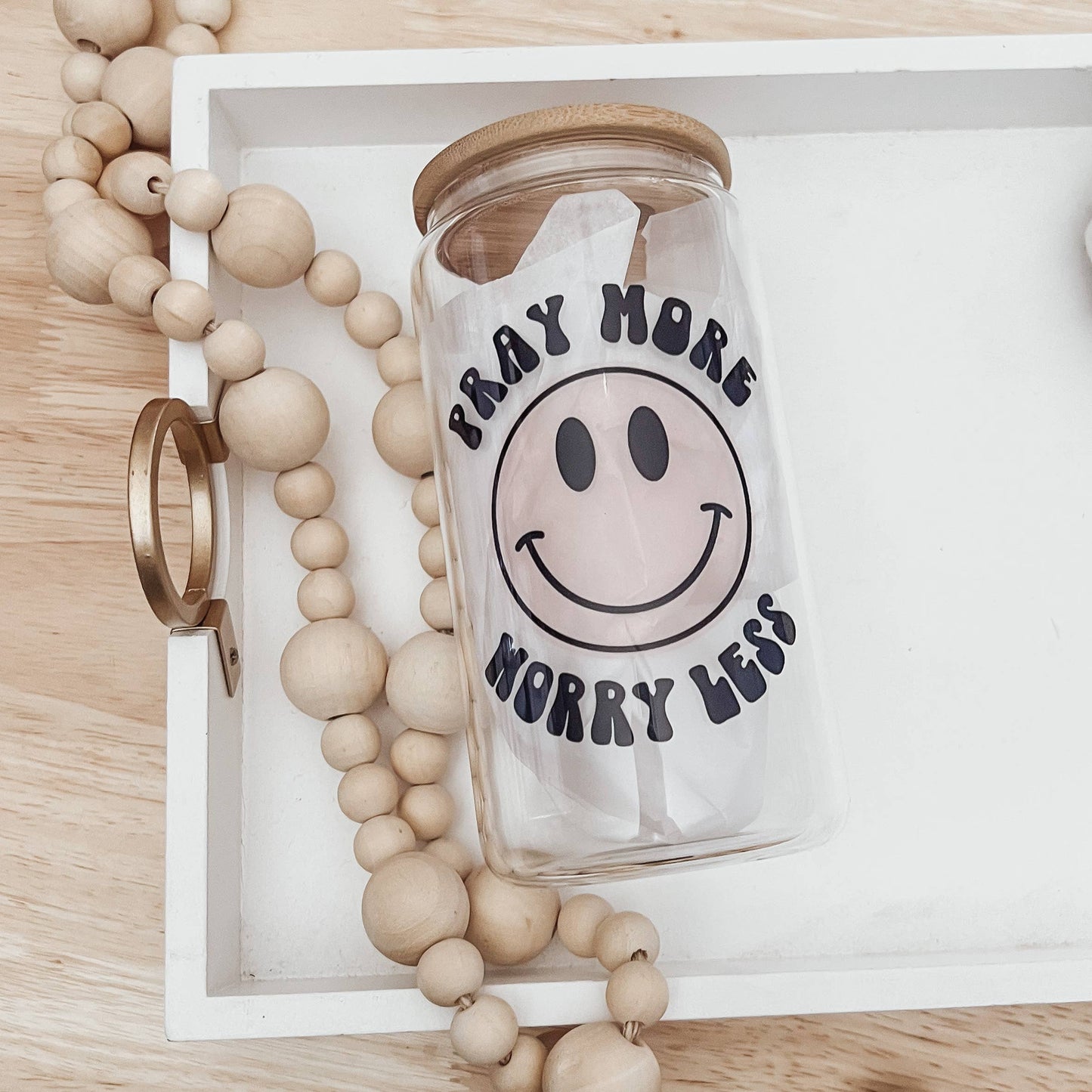 Pray More 16 oz Glass Cup with Bamboo Lid