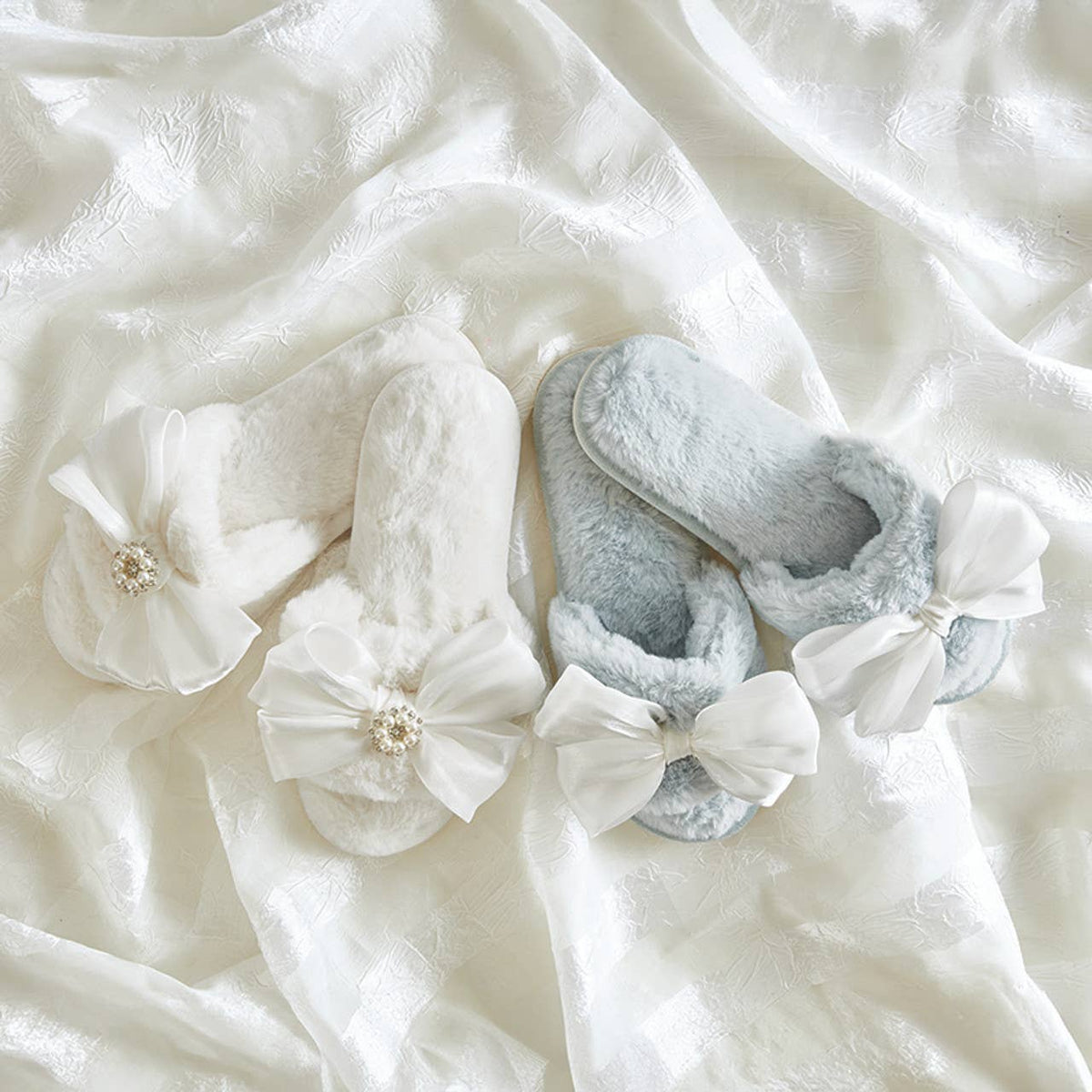 Bella Sleep + Spa Plush Slippers - White Crystal Bow