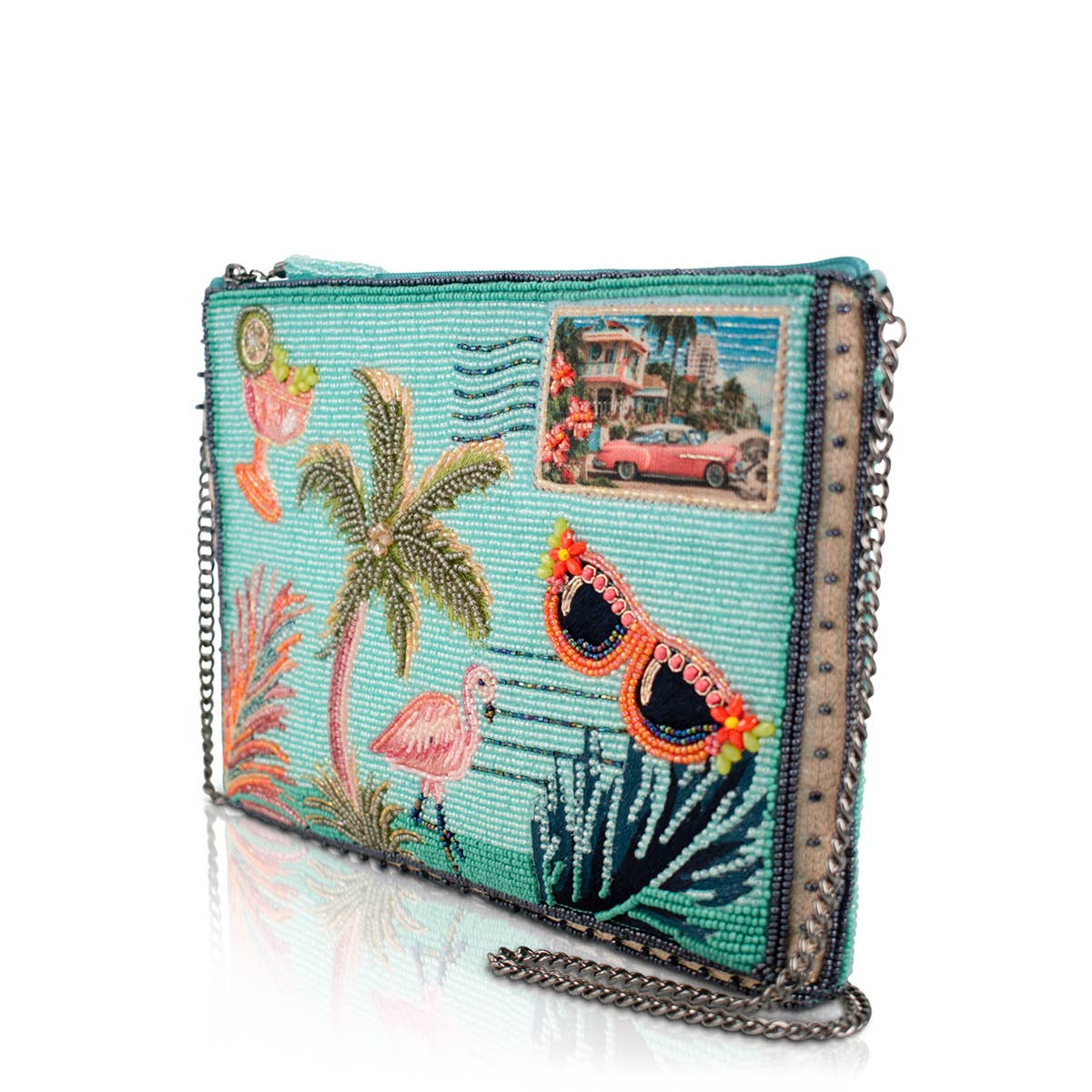Mary Frances Coastal Notes Tropical Postcard Beaded Crossbody Handbag