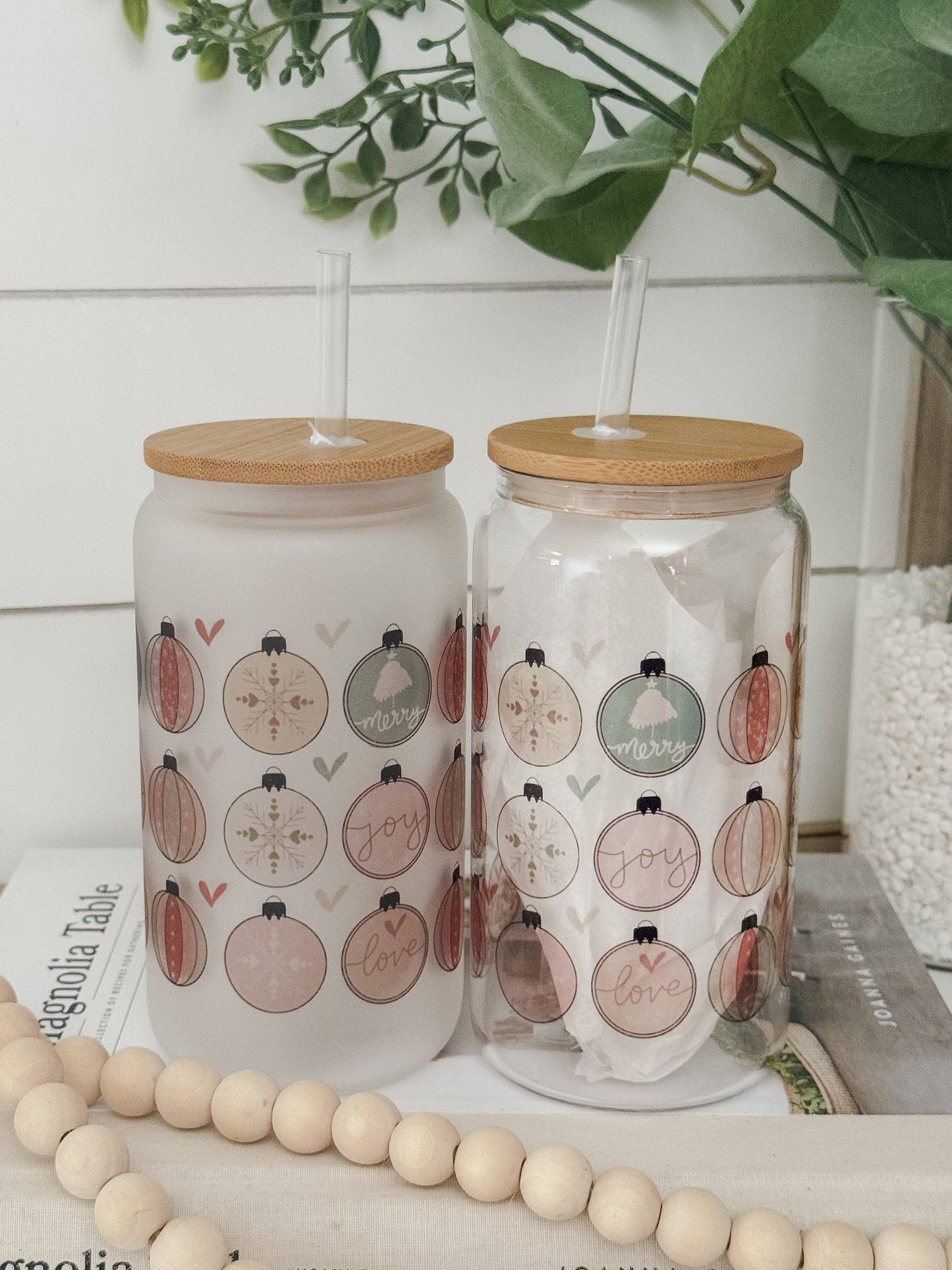 Christmas Ornaments 16oz Glass Cup with Bamboo Lid