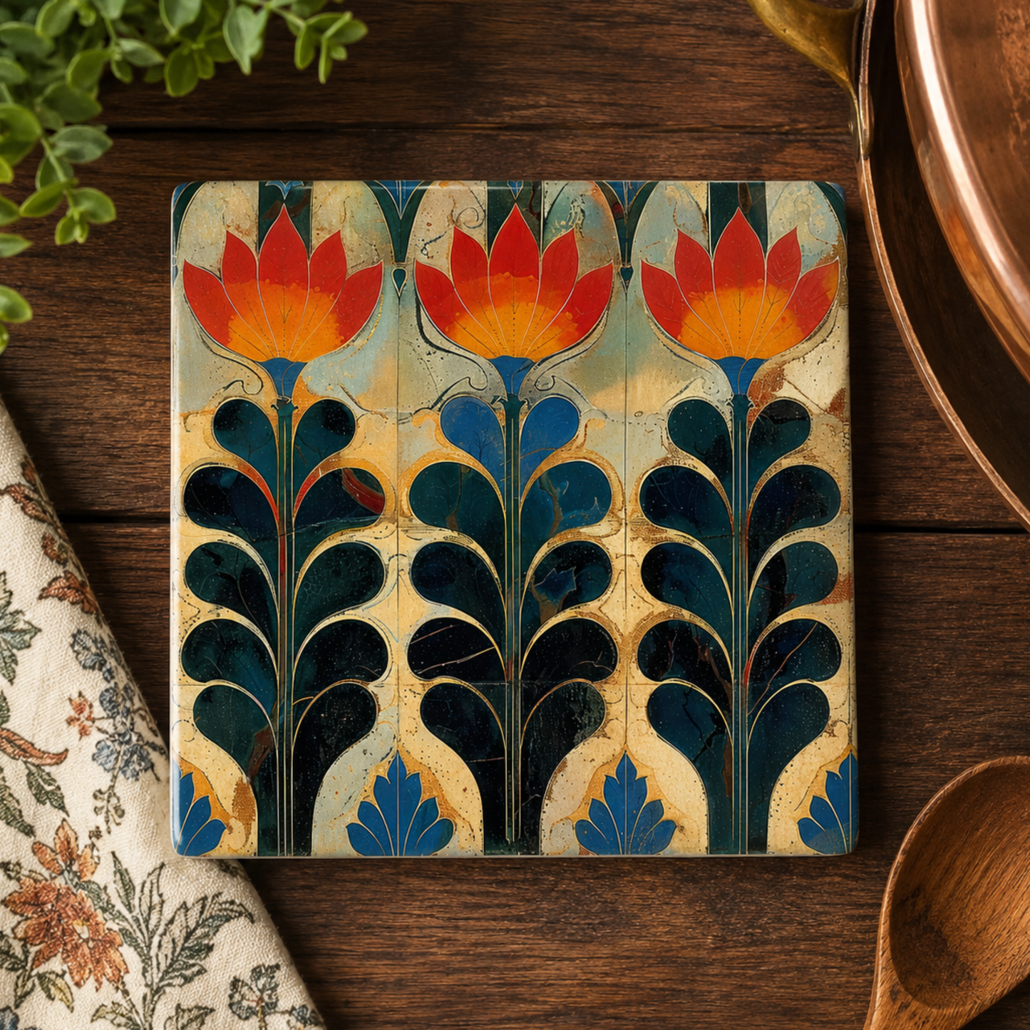 Highland Row Vintage Art Nouveau Floral Ceramic Trivet