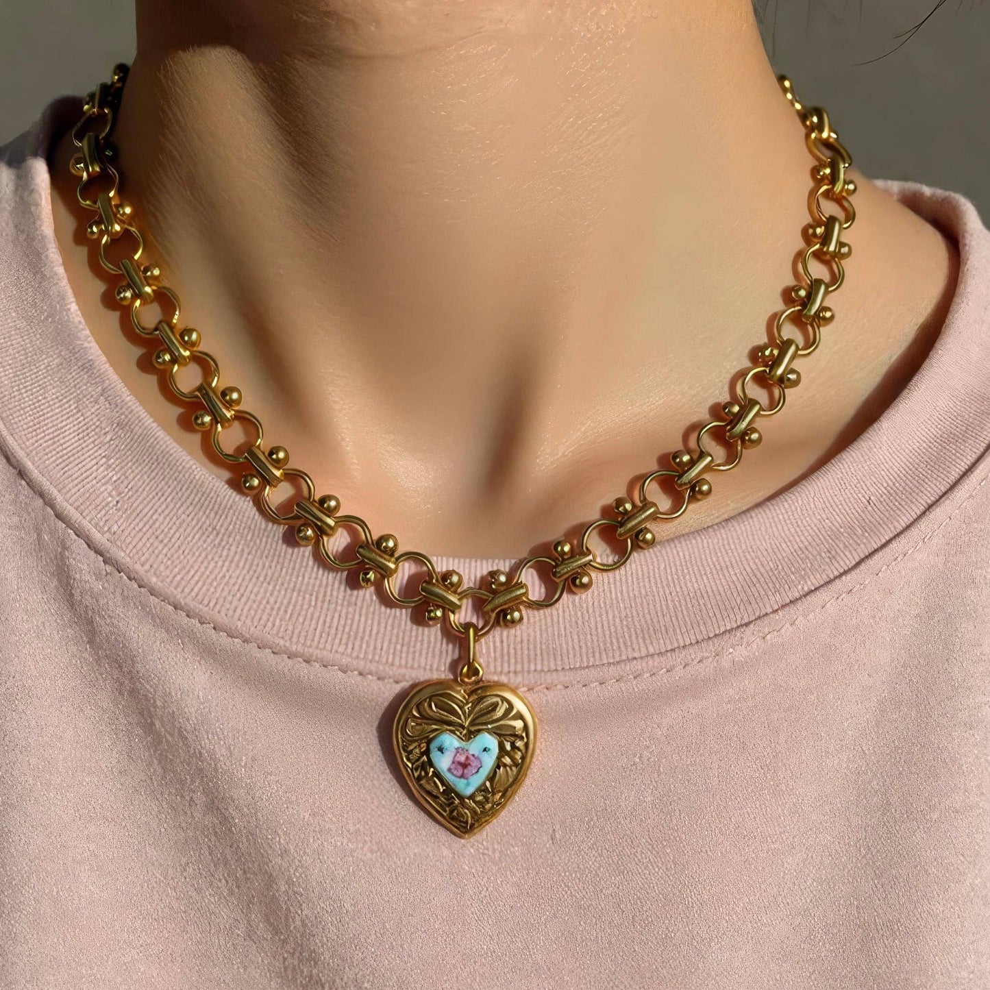 Vivian Grace Vintage Blue Guilloche Heart Necklace