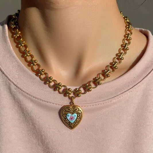 Vivian Grace Vintage Blue Guilloche Heart Necklace
