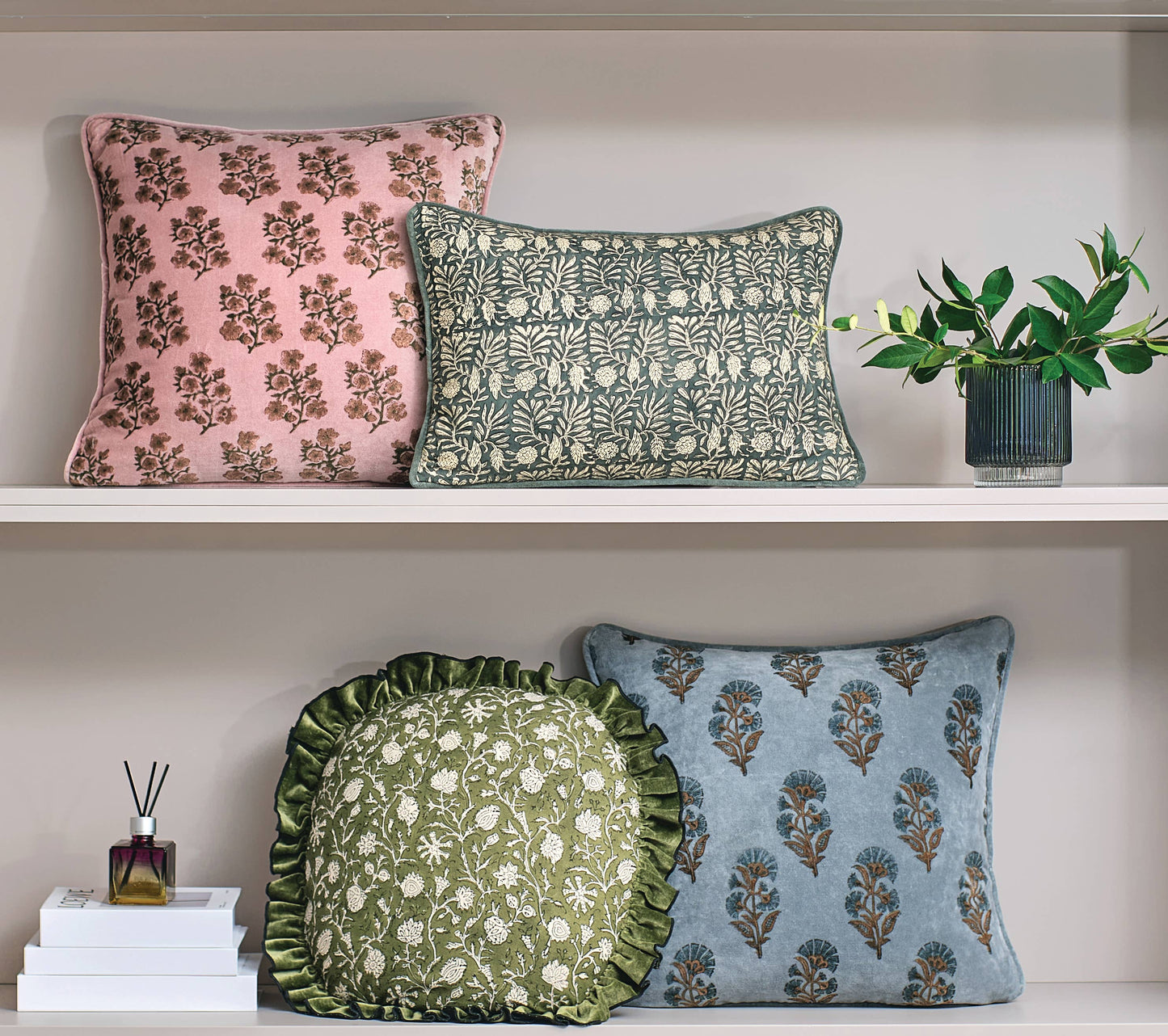 Peking Handicraft Block Print Vel Lilac Flower Pillow