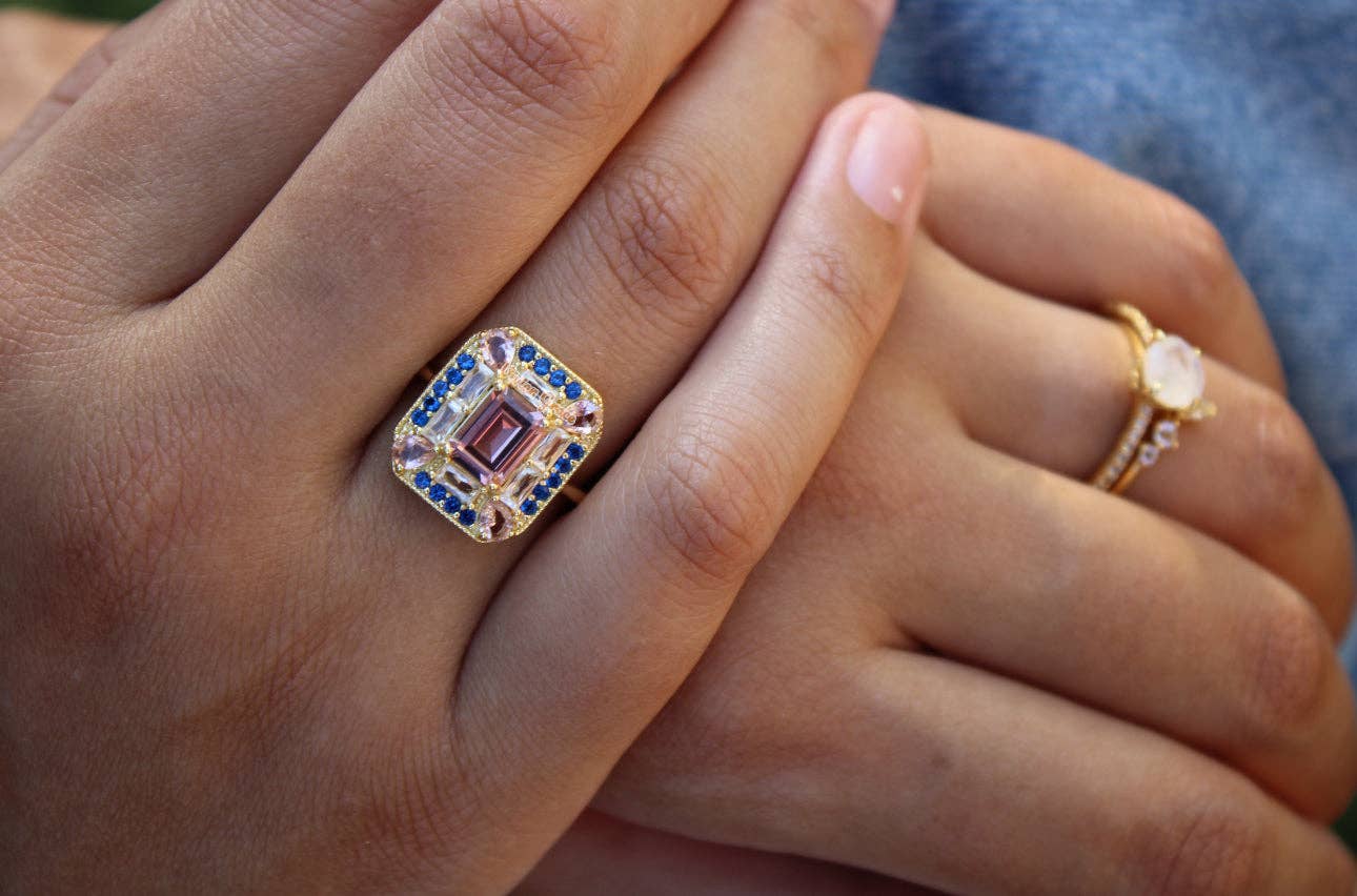 Vivian Grace Sapphire Morganite Art Deco Cocktail Ring- Lab Created Gemstones
