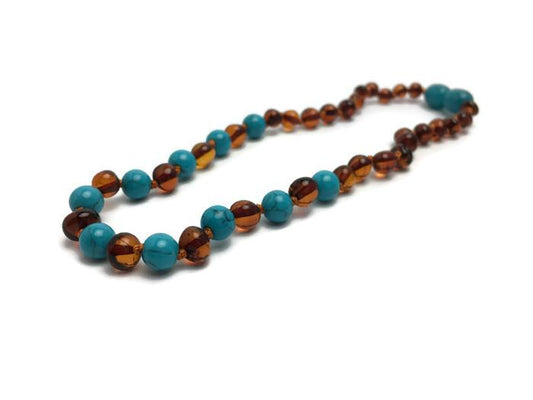 Baltic Essentials Polished Cognac Turquoise Baltic Amber Necklace for Baby, Infant, Toddler, Big Kid.