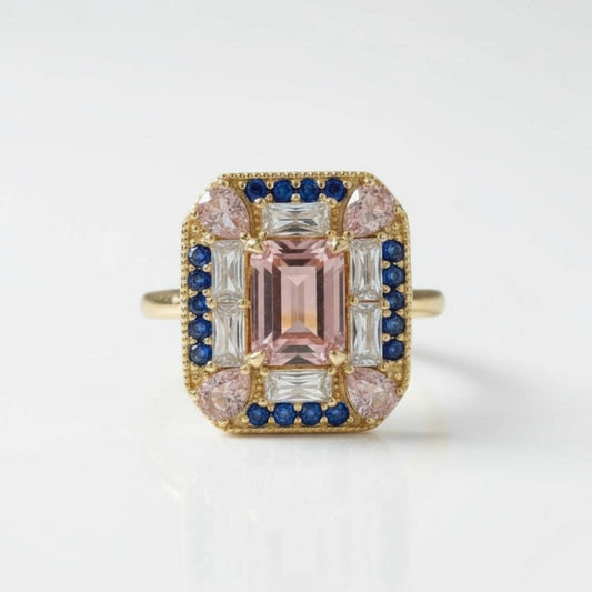 Vivian Grace Sapphire Morganite Art Deco Cocktail Ring- Lab Created Gemstones