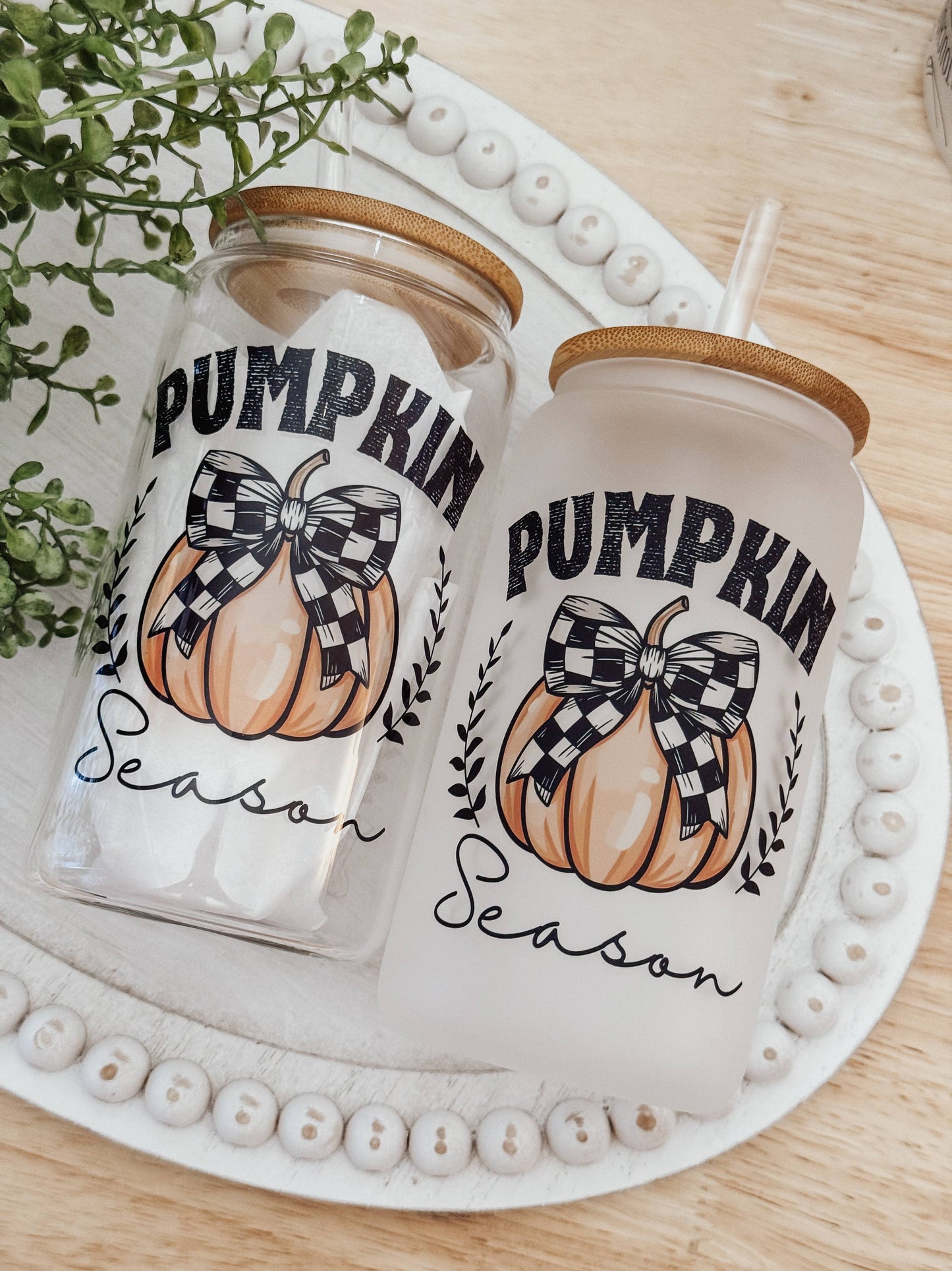 Pumpkin Season 16oz Glass Cup with Bamboo Lid 