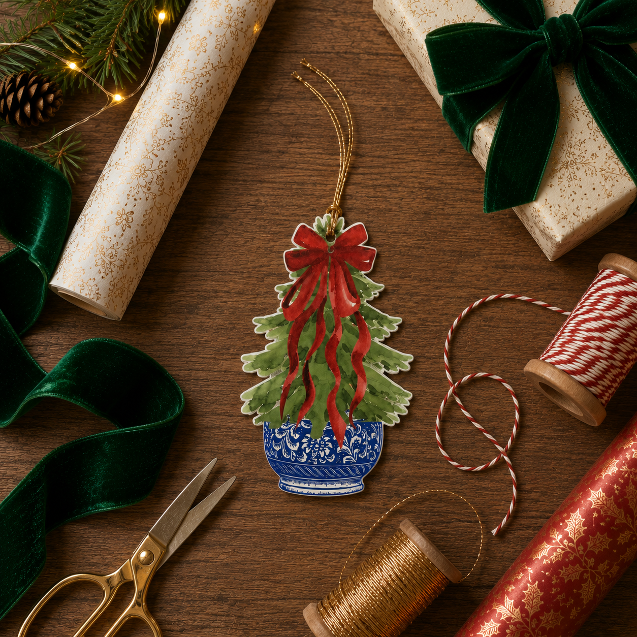 Design Carolinas Christmas Tree Die-Cut Gift Tag | Red Bow Chinoiserie Tags