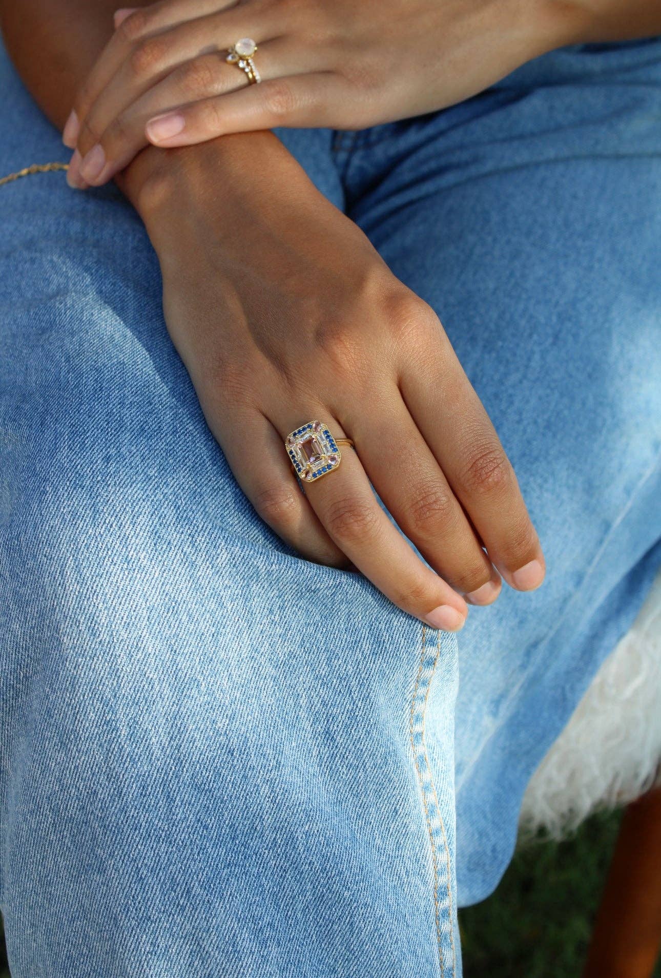 Vivian Grace Sapphire Morganite Art Deco Cocktail Ring- Lab Created Gemstones