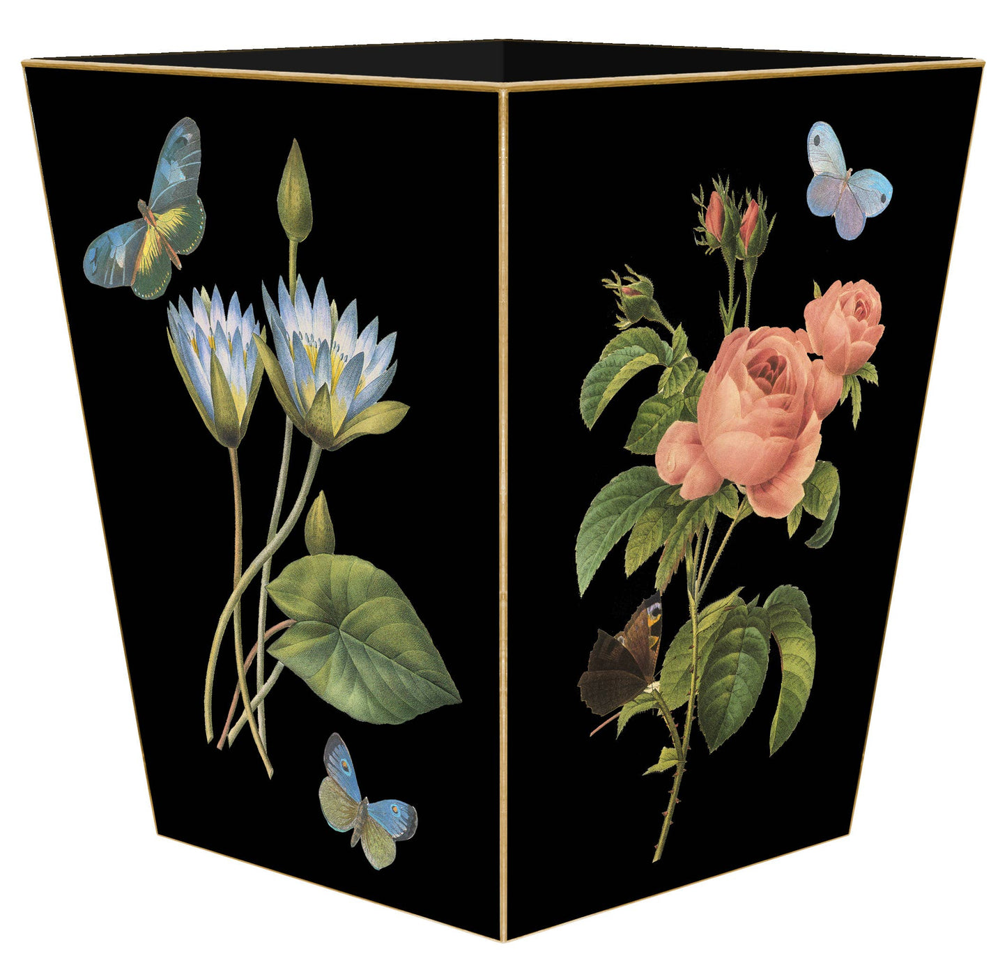 Marye-Kelley Pink Roses on Black Wastepaper Basket