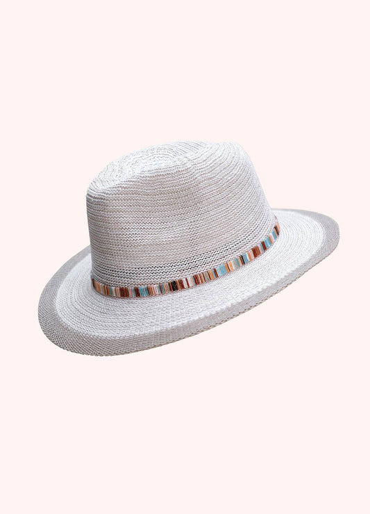 Natalie Hat - Snowdrop with Multi Stripe Band, by Powder Designs