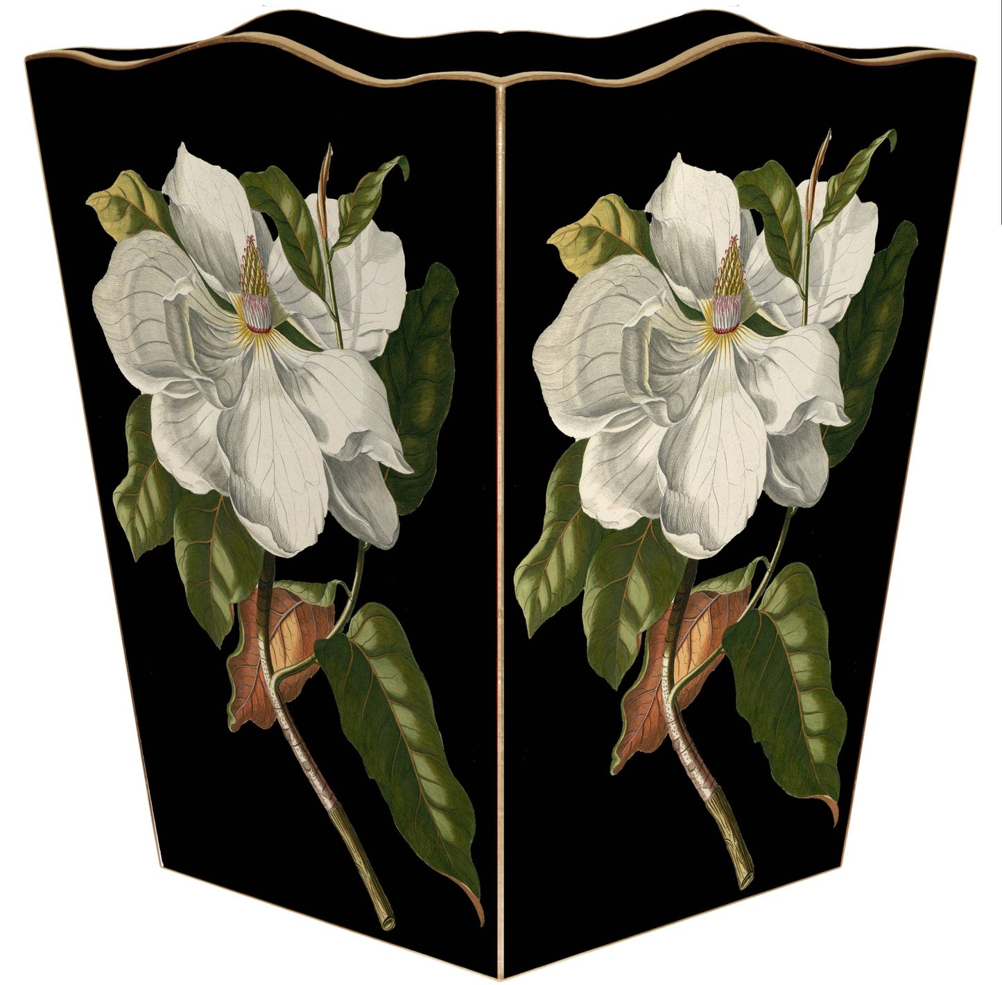 Marye-Kelley Open Magnolia Wastepaper Basket on Black